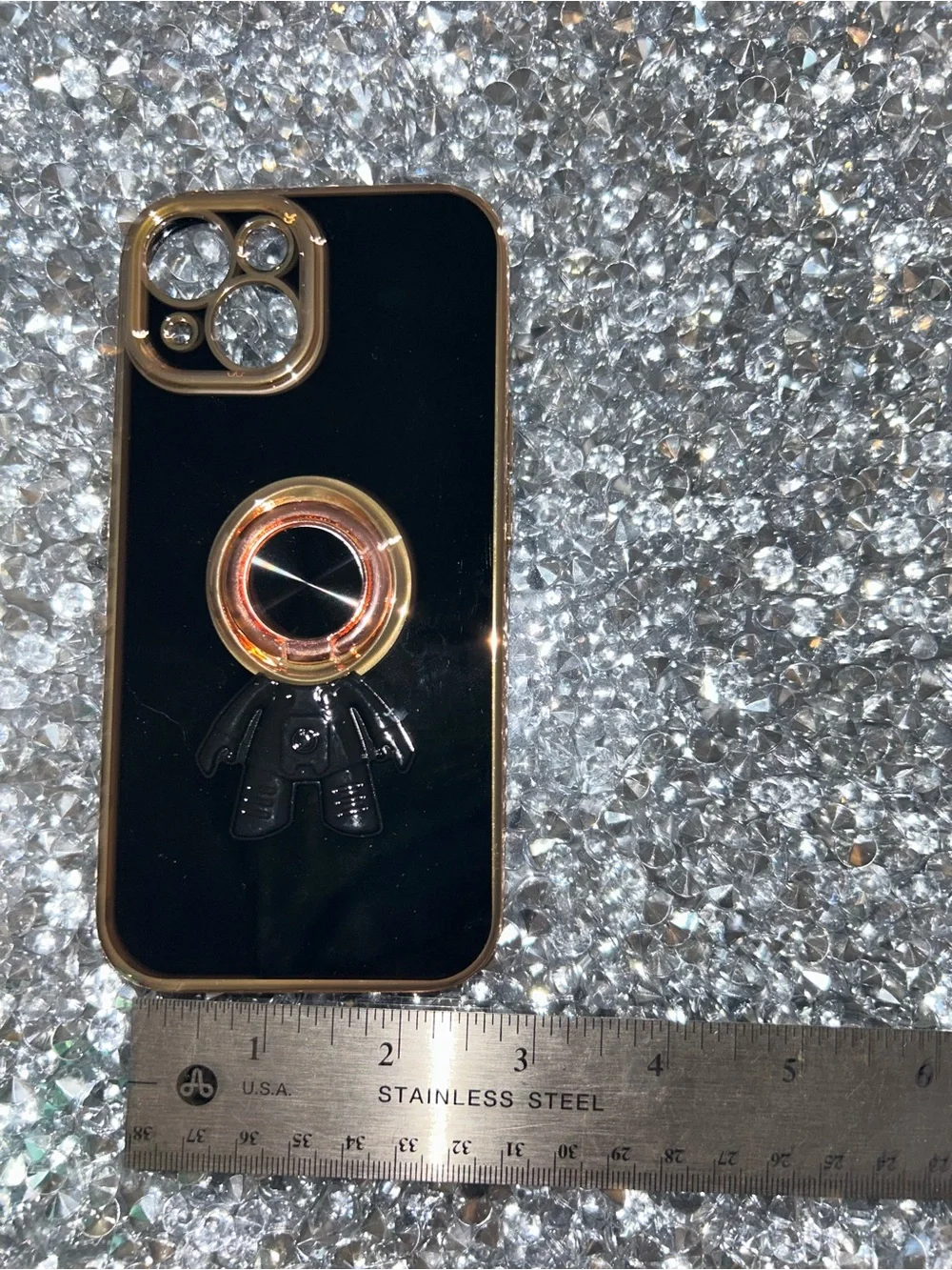 iPhone 15 Black and Gold Phone Ring Holder Case Accessory